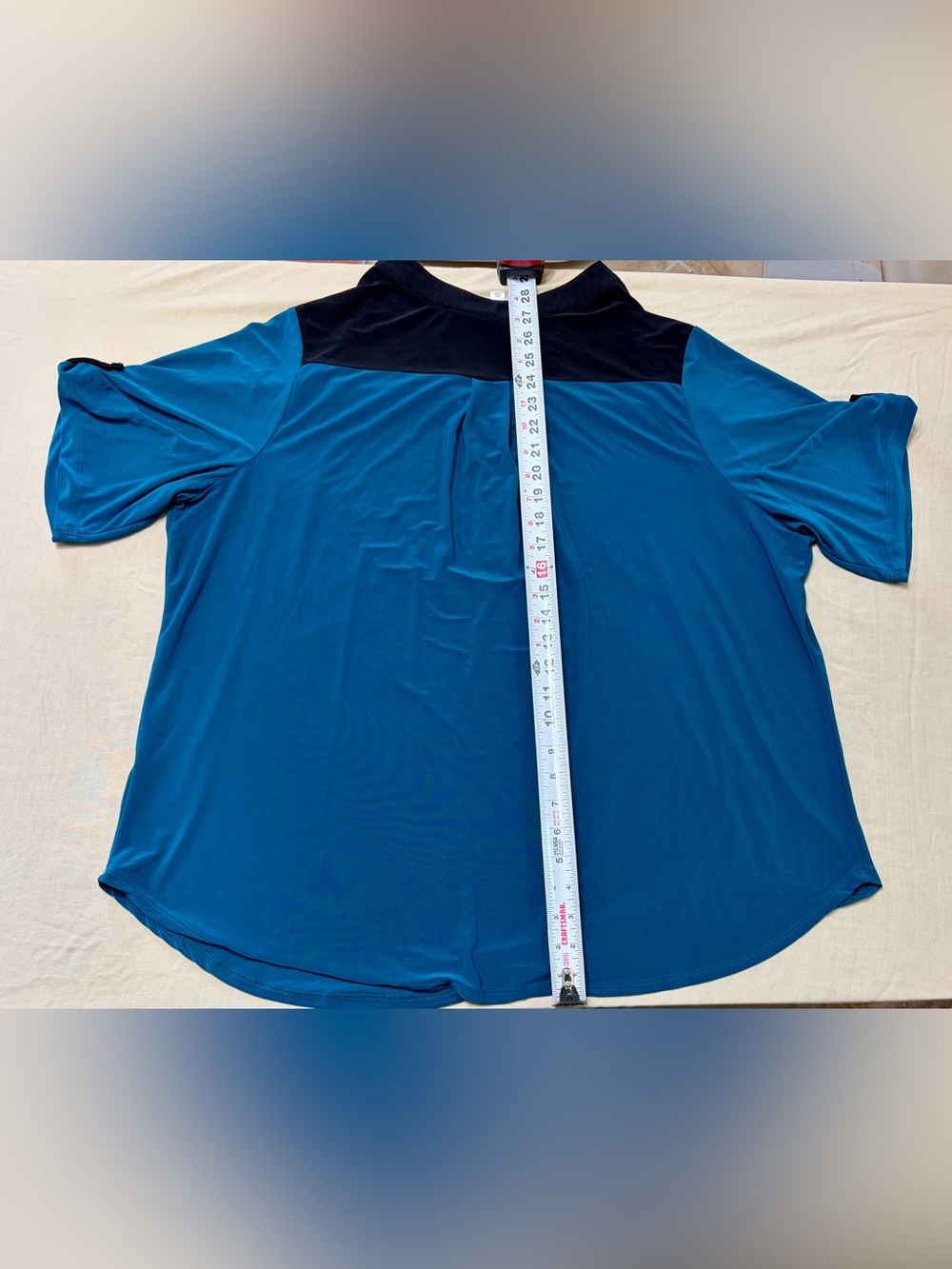 Per Seption Women’s 3X Blue/Black Colorblock V-Neck Short Sleeve Blouse, Buttons - Picture 5 of 5